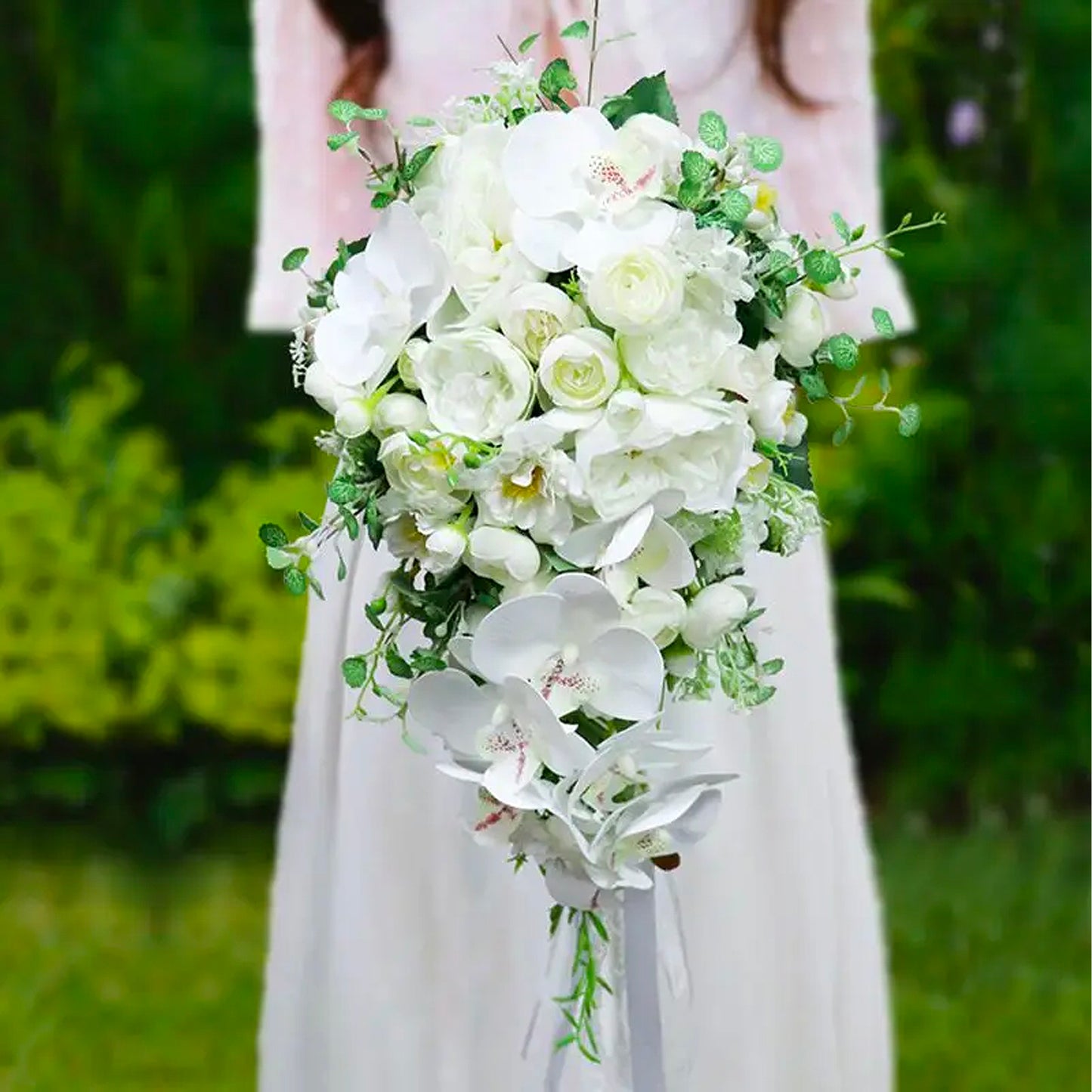 White Green Orchid Cascading Bridal Bouquet