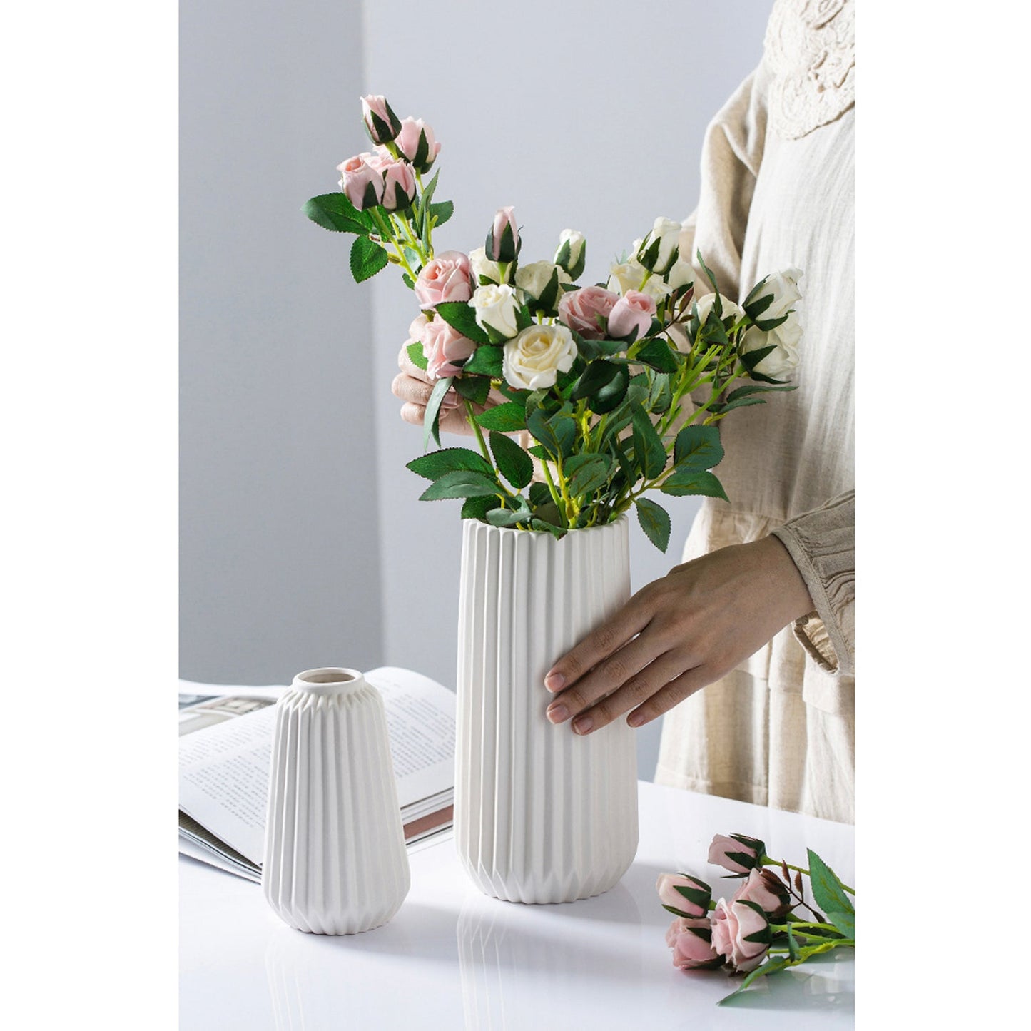 White Ridged Ceramic Vase