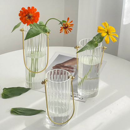 Cylinder Ribbed Glass Vase with Handle