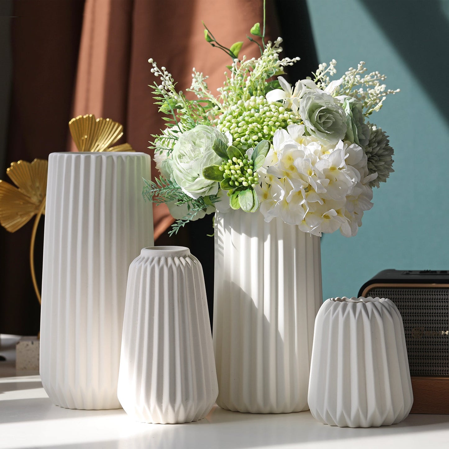 White Ridged Ceramic Vase