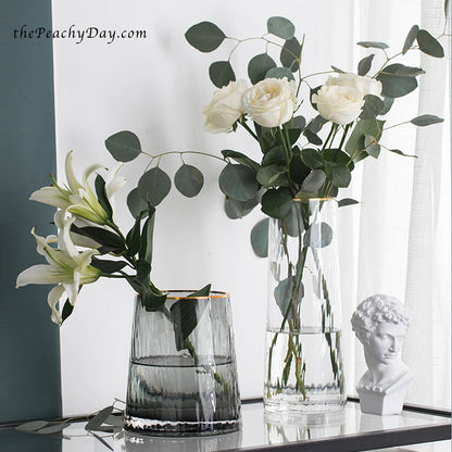 Smoked Grey Hammered Glass Vase with Gold Rim