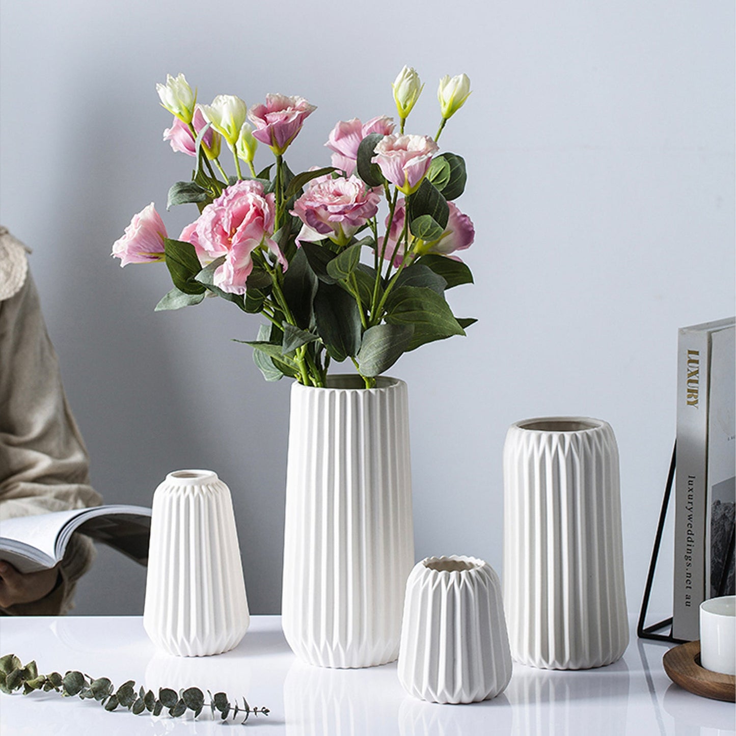 White Ridged Ceramic Vase