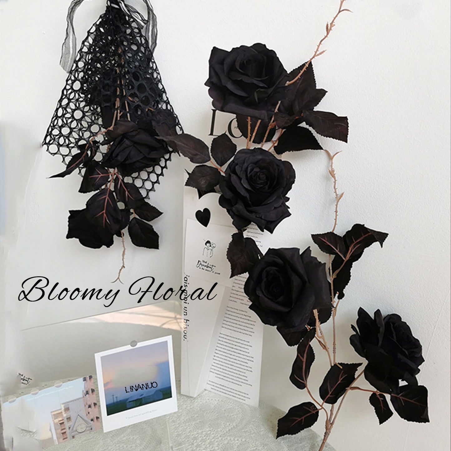 4 Stems Black Faux Rose 29.5“