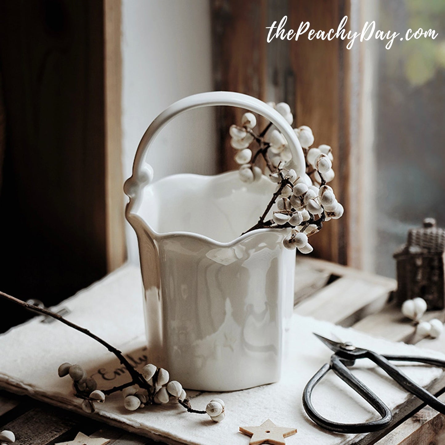 White Ceramic Bag Vase / Utensil Holder