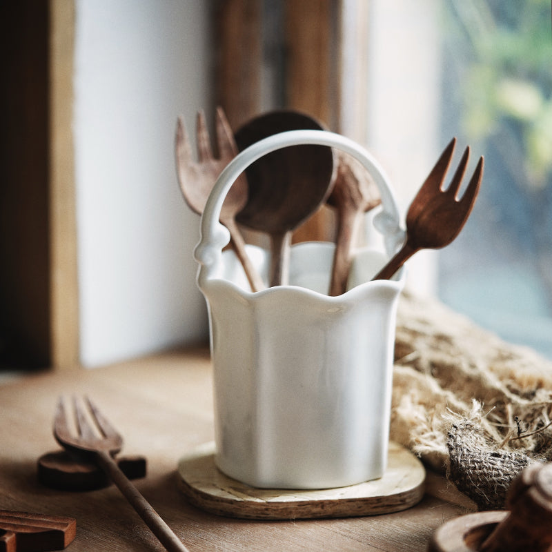 White Ceramic Bag Vase / Utensil Holder