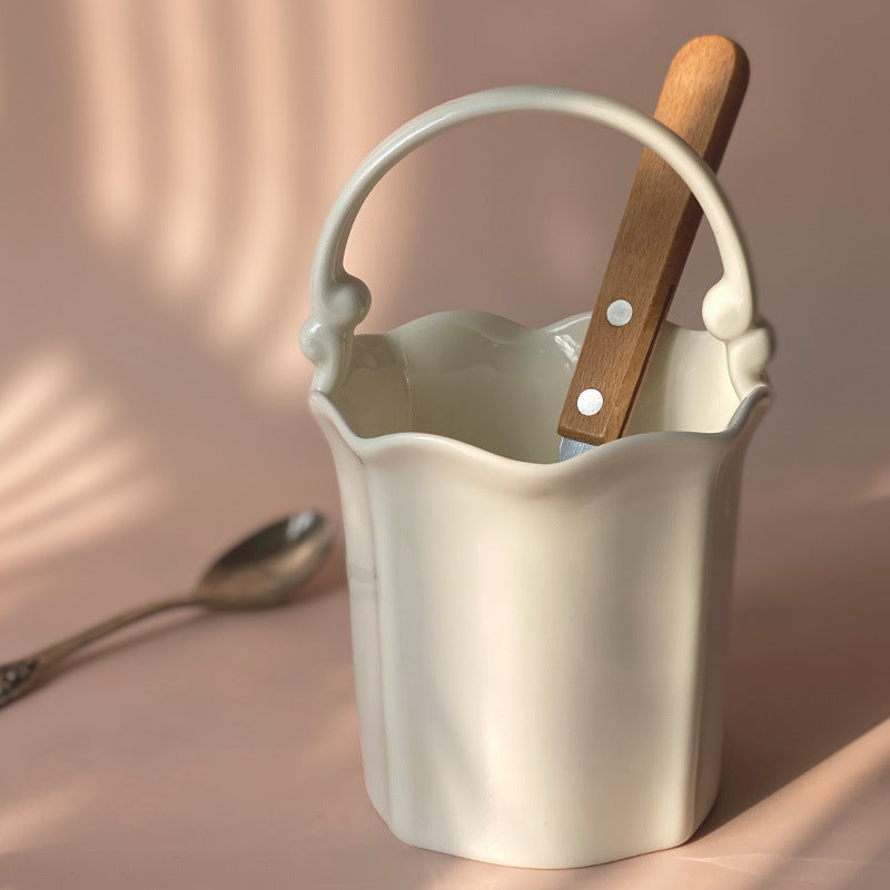 White Ceramic Bag Vase / Utensil Holder