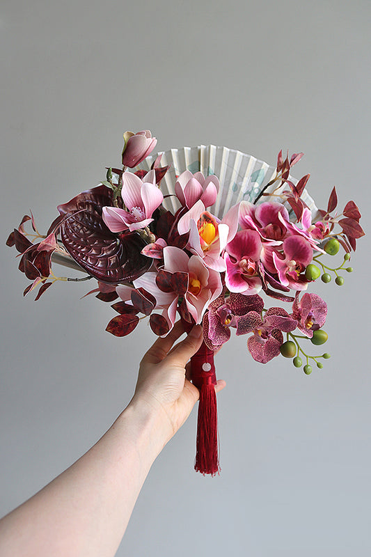 chinese wedding bouquet artificial flower orchid folding fan bouquet chinese traditional bridal bouquet