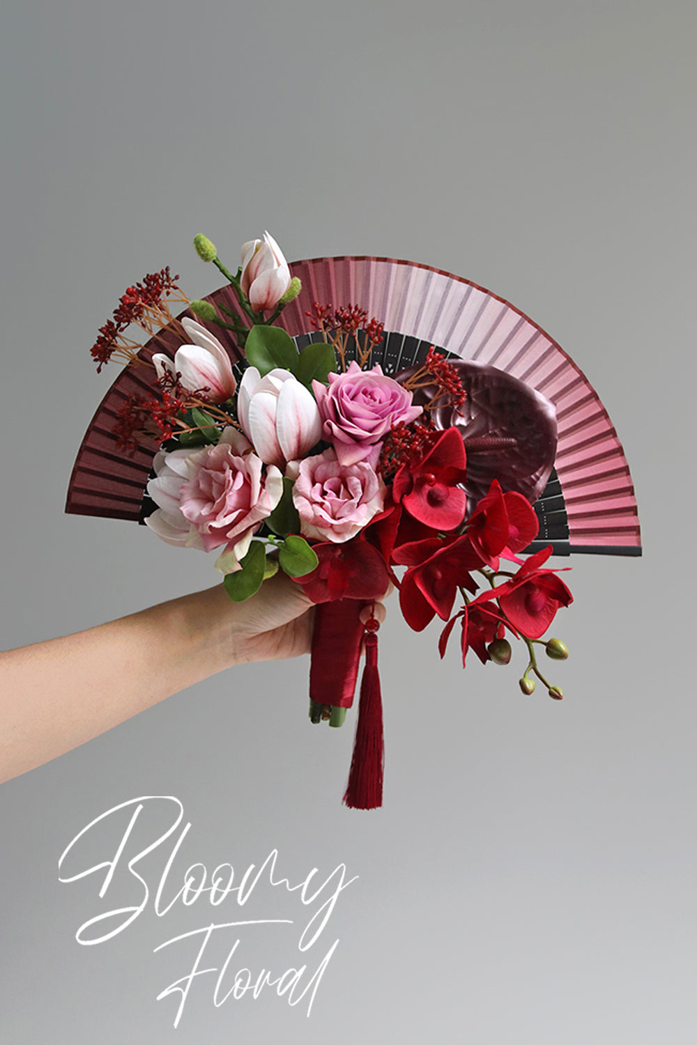 Orchid & Magnolia Folding Fan Bouquet in Red