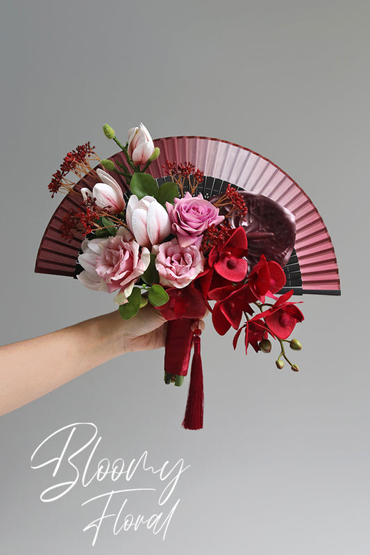 Orchid & Magnolia Folding Fan Bouquet in Red