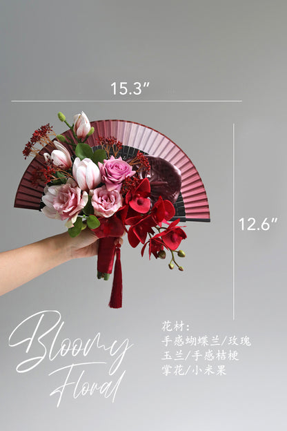 Orchid & Magnolia Folding Fan Bouquet in Red