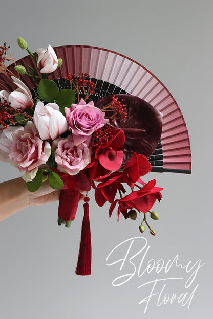 Orchid & Magnolia Folding Fan Bouquet in Red