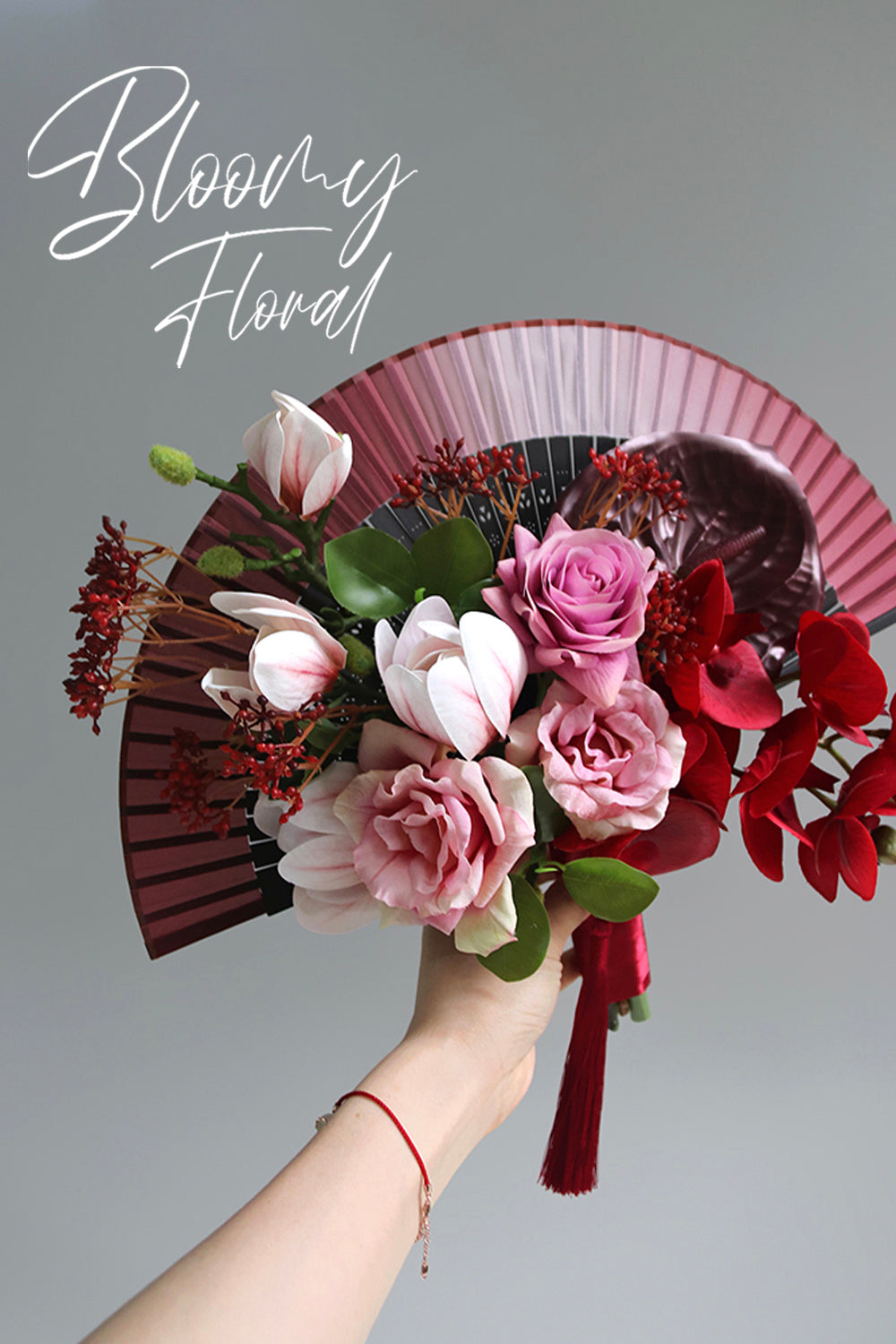 Orchid & Magnolia Folding Fan Bouquet in Red