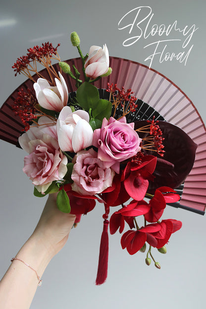 Orchid & Magnolia Folding Fan Bouquet in Red