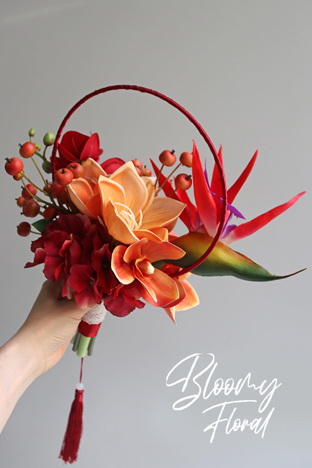 chinese wedding bouquet circular fan bouquet burgundy red chinese traditional artificial tropical flowers fall wedding bridal bouquet