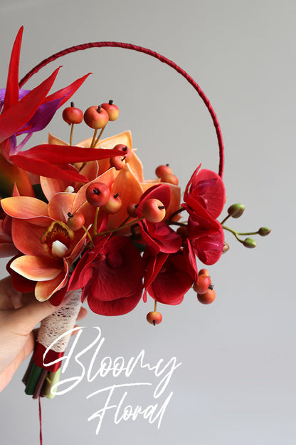 chinese wedding bouquet circular fan bouquet burgundy red chinese traditional artificial tropical flowers fall wedding bridal bouquet