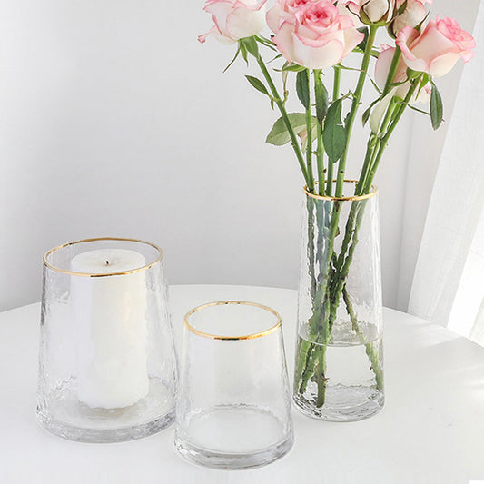 Clear Hammered Glass Vase with Gold Rim