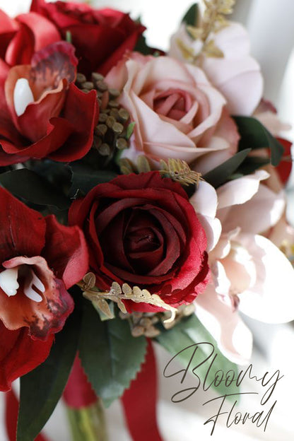 Rose Orchid Bouquet in Red & Blush