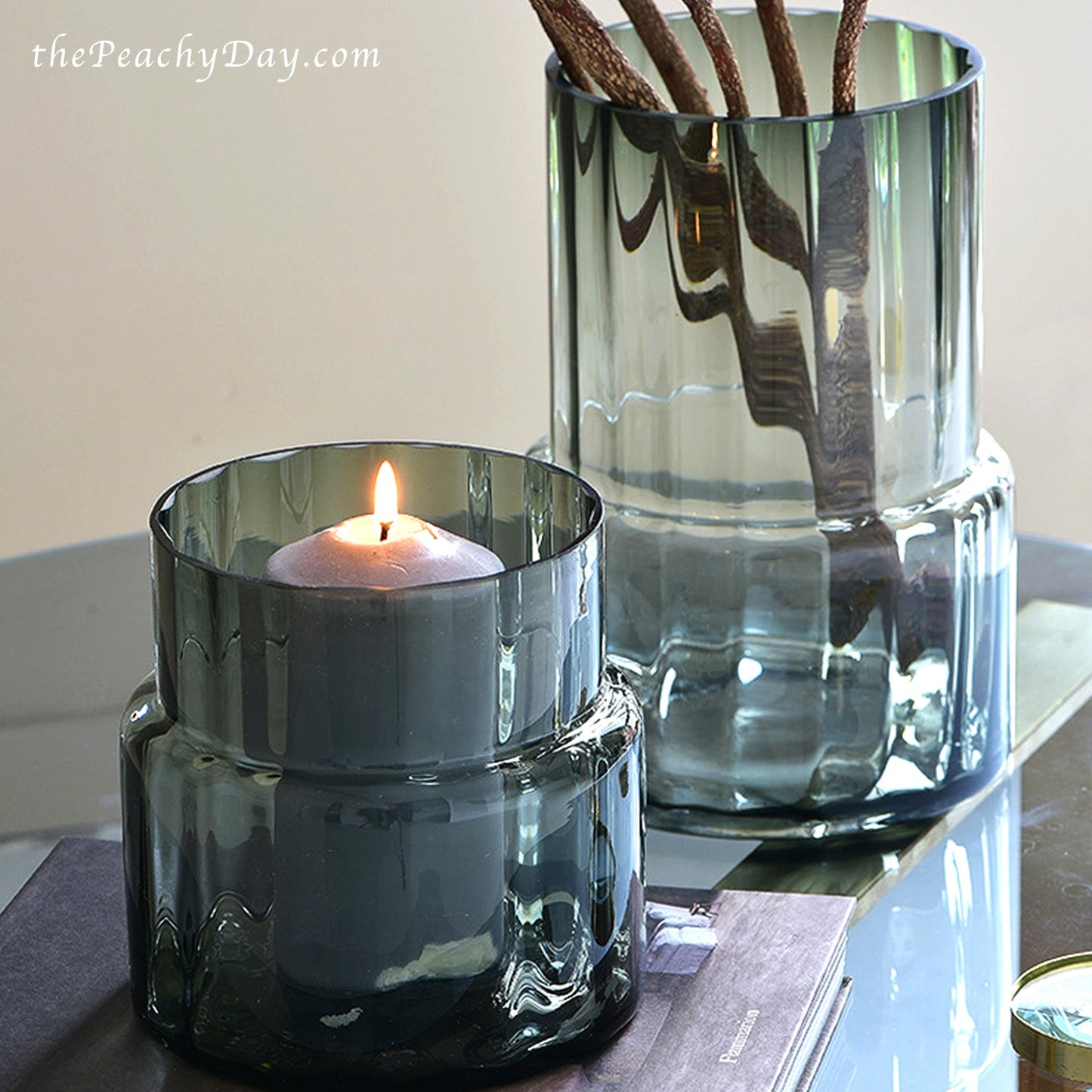 Smoked Green Grey Glass Candle Vase