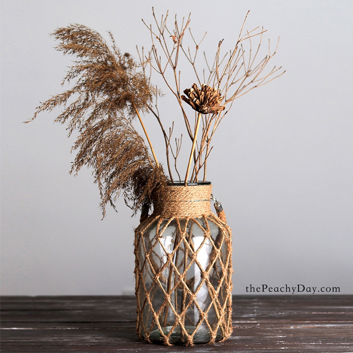 handmade Farmhouse hemp Glass Bottle with Braided Rope Rustic Decor