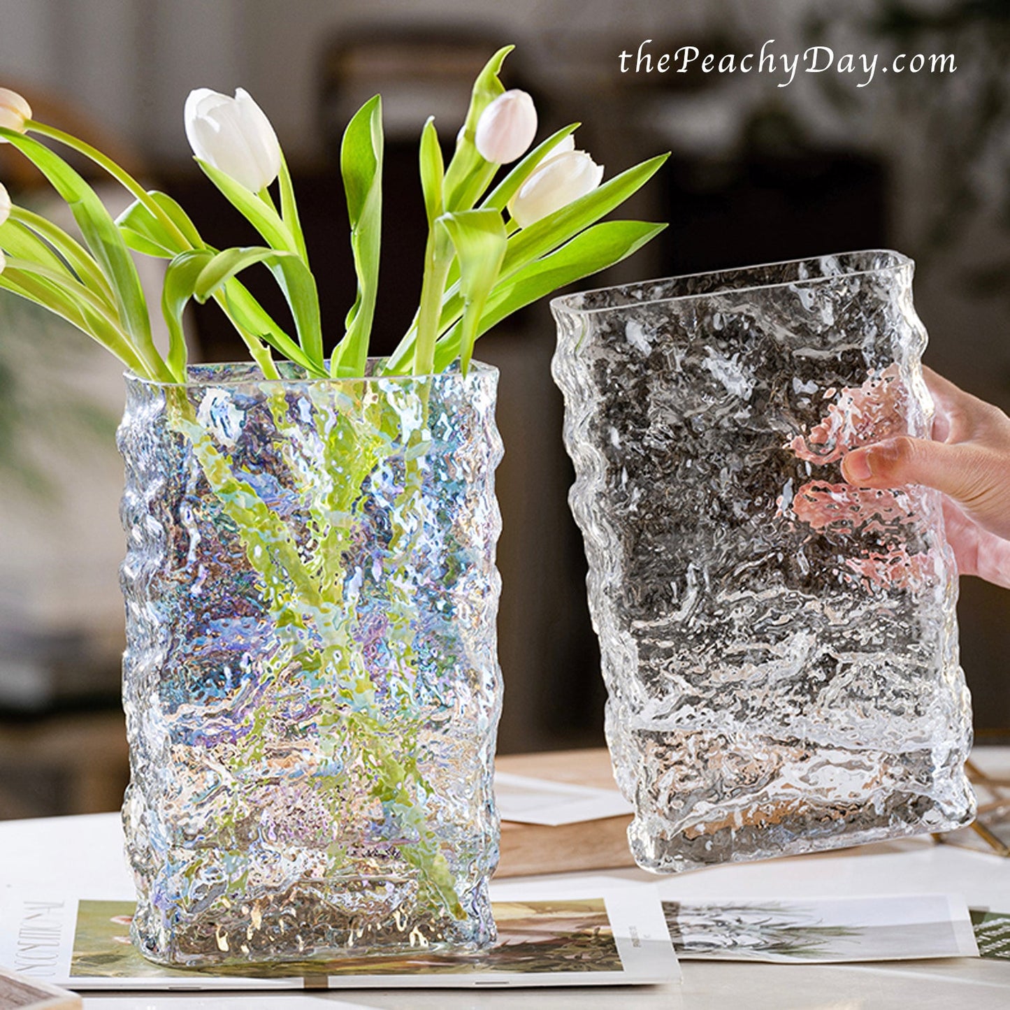 iridescent clear glass vases decorative rectangular vase glass modern textured vase rose vase unique trendy vase