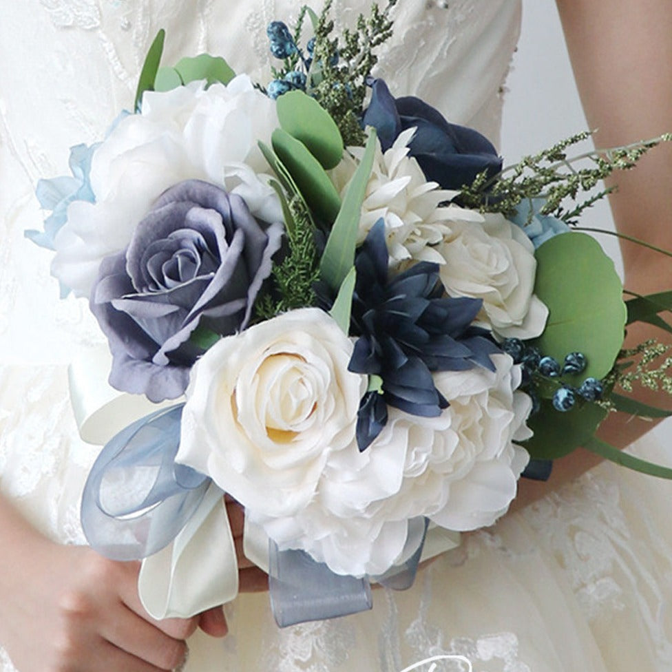 Rose Bouquet in White & Navy Blue