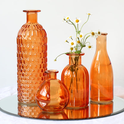 Set of 4 - Orange Glass Bottle Vases