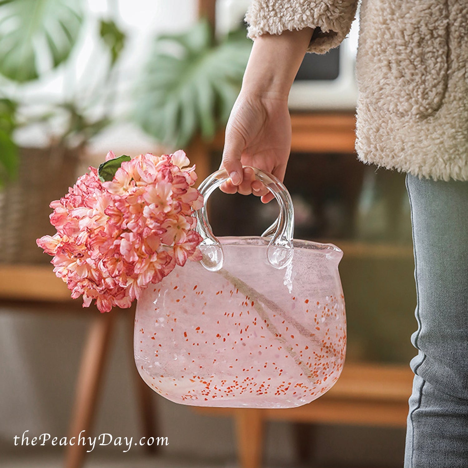 Pink Glass Purse Vase Modern Textured Bag Handbag Flower Fish