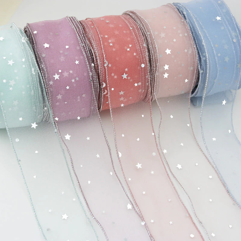 5Yd Silver Star Sheer Organza Ribbon Rolls | 9 Colors