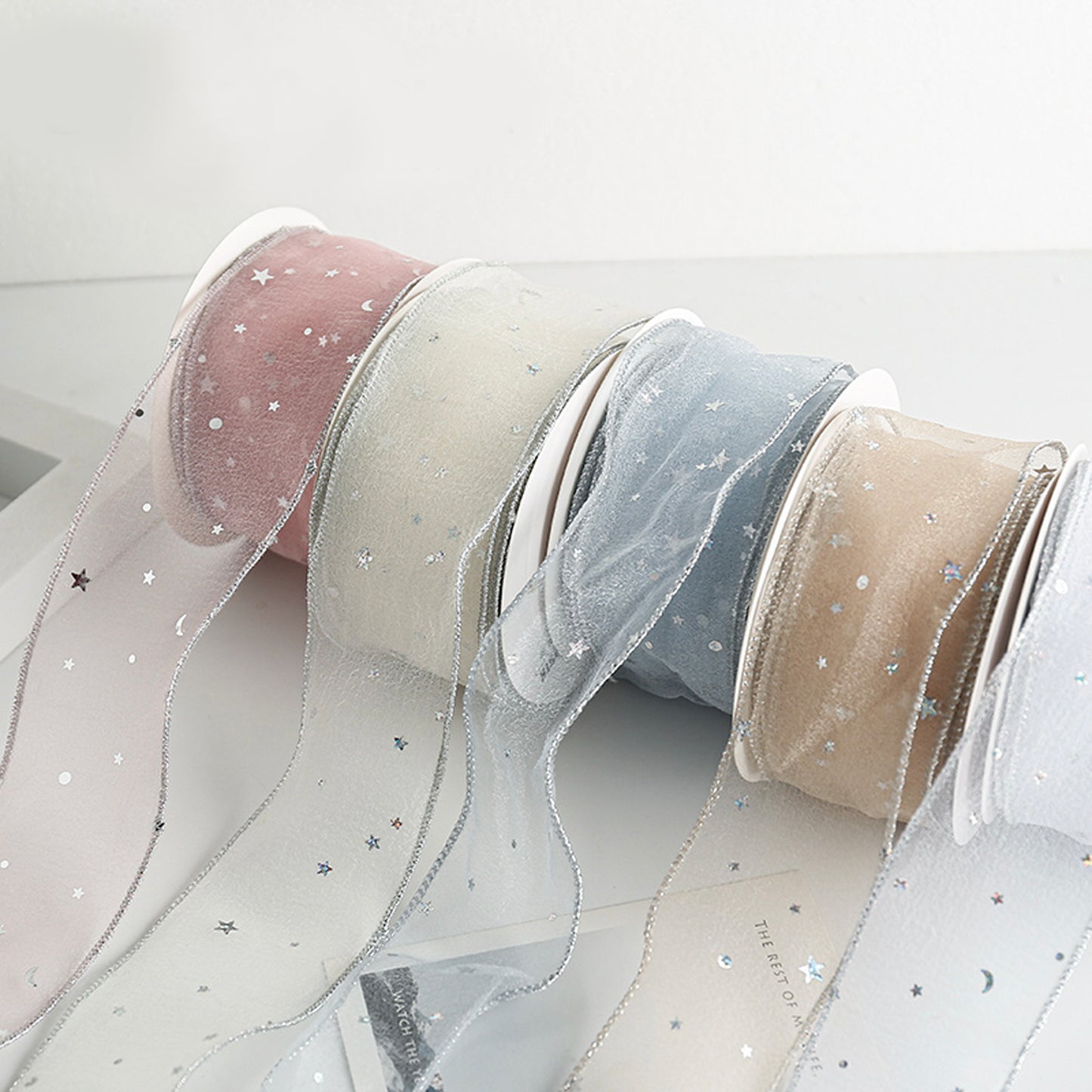 5Yd Silver Star Sheer Organza Ribbon Rolls | 9 Colors