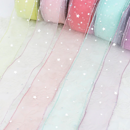 5Yd Silver Star Sheer Organza Ribbon Rolls | 9 Colors