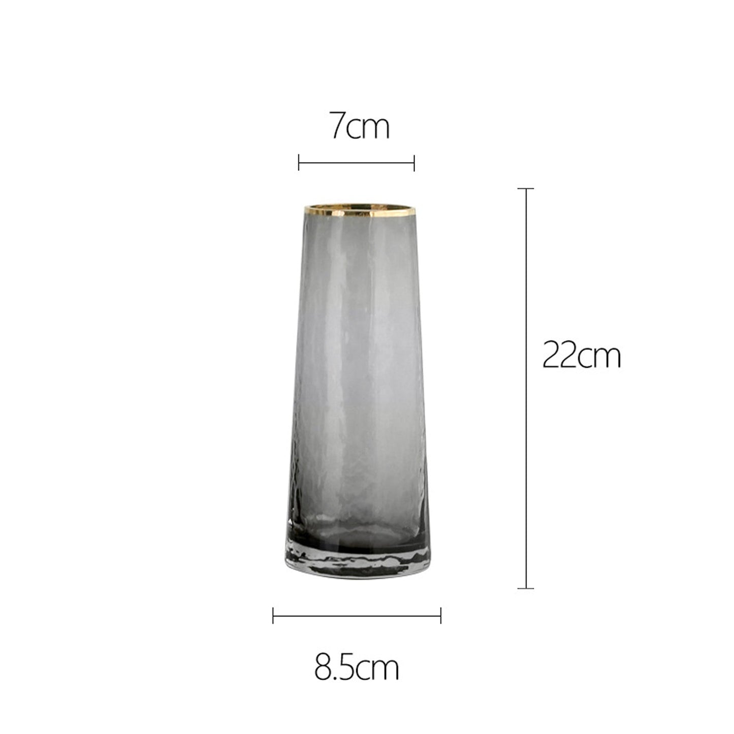 Smoked Grey Hammered Glass Vase with Gold Rim