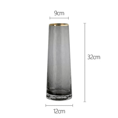 Smoked Grey Hammered Glass Vase with Gold Rim