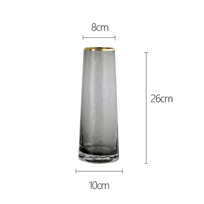 Smoked Grey Hammered Glass Vase with Gold Rim