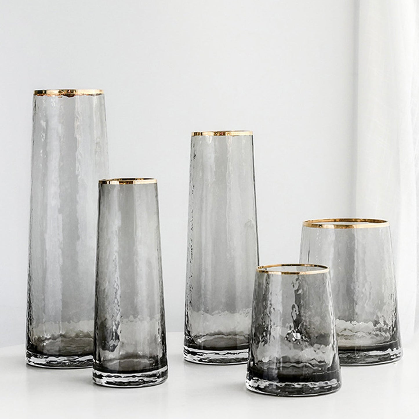 Smoked Grey Hammered Glass Vase with Gold Rim