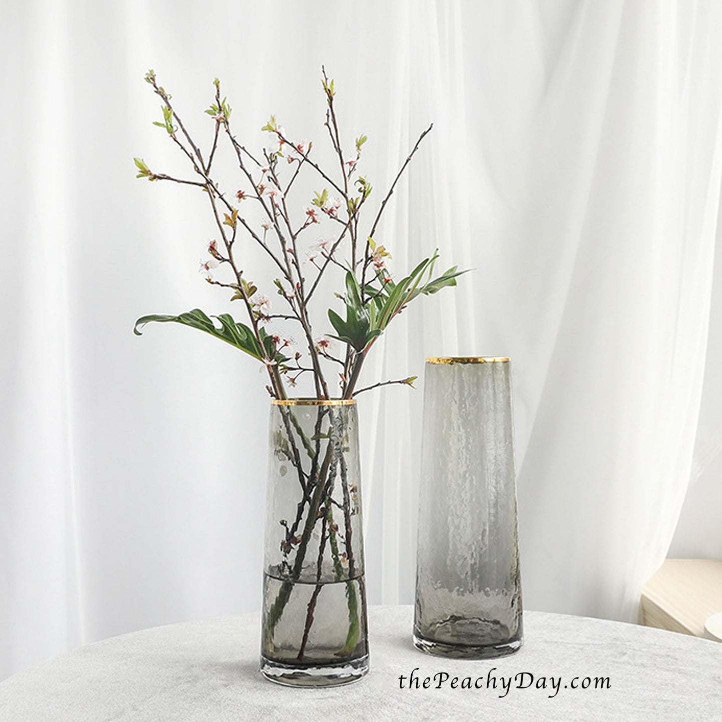 Smoked Grey Hammered Glass Vase with Gold Rim