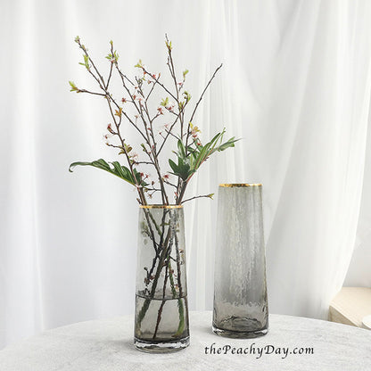 Smoked Grey Hammered Glass Vase with Gold Rim