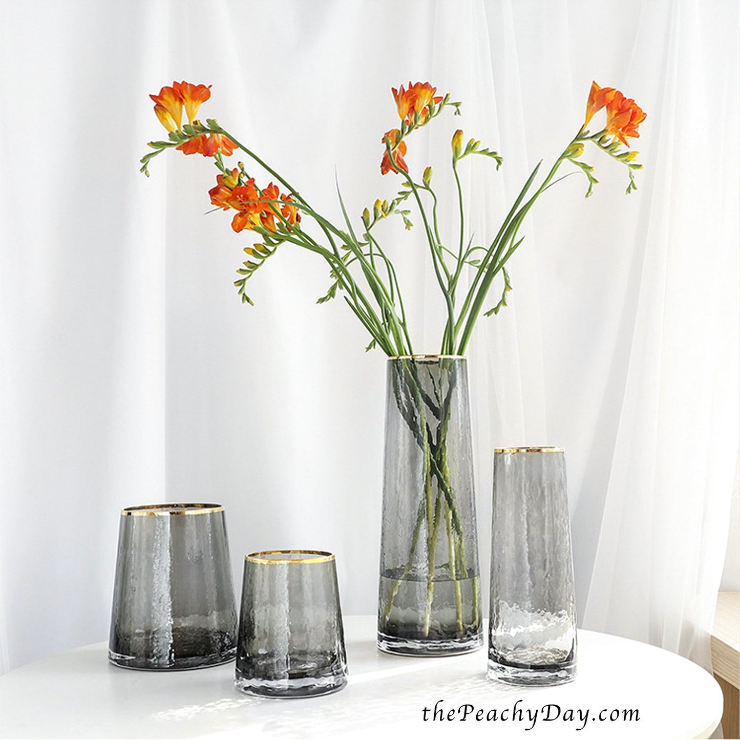 Smoked Grey Hammered Glass Vase with Gold Rim