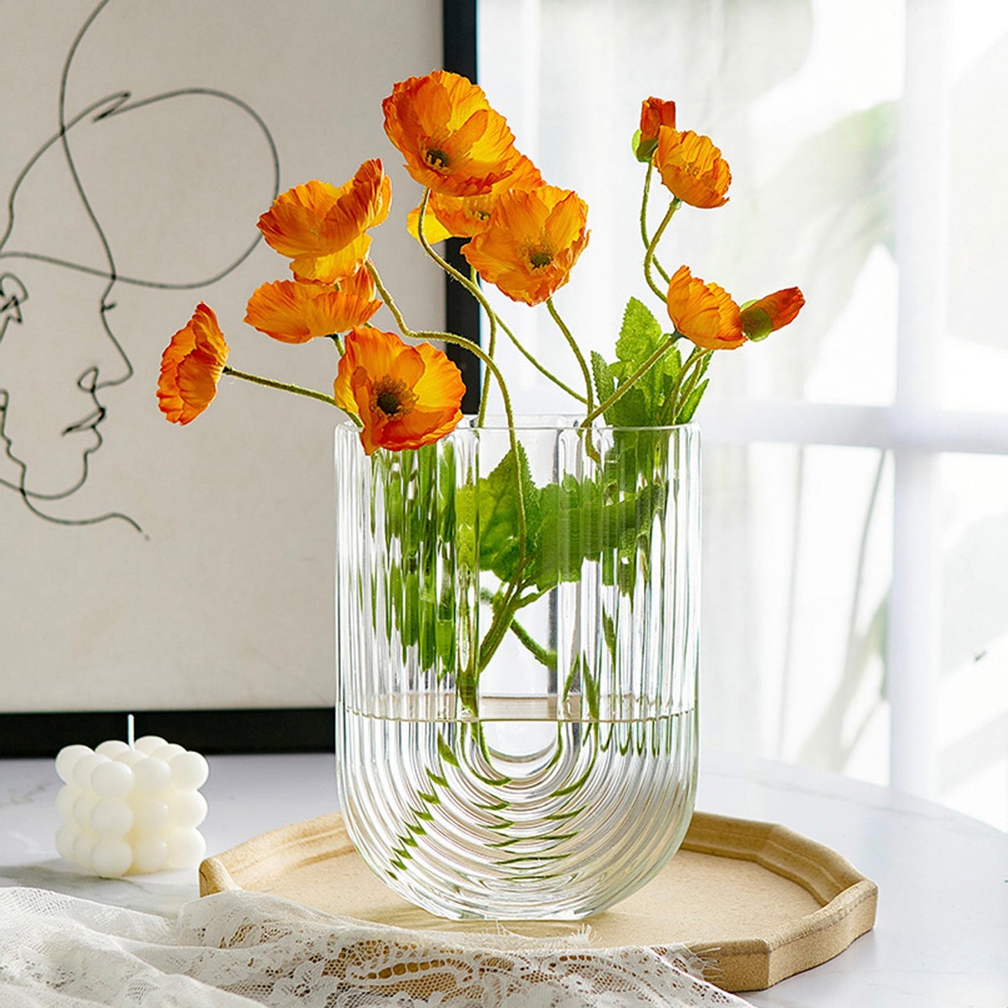 U-shaped Ribbed Flat Glass Vase