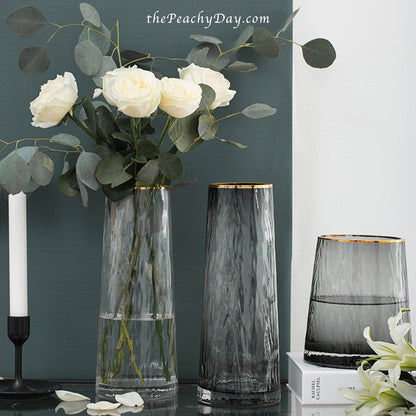 Smoked Grey Hammered Glass Vase with Gold Rim